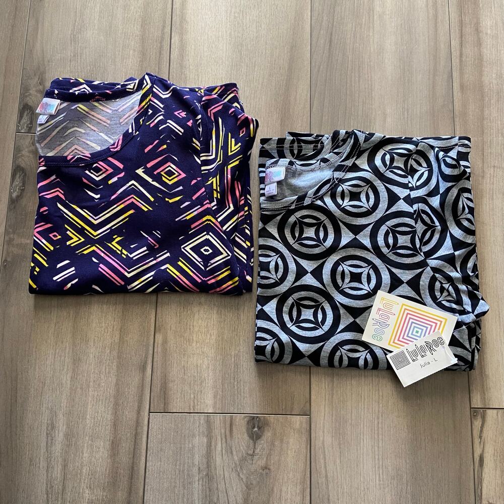 Lot of 2 LuLaRoe Julia T-Shirt Dresses Women’s L Half Sleeve Midi Geometric